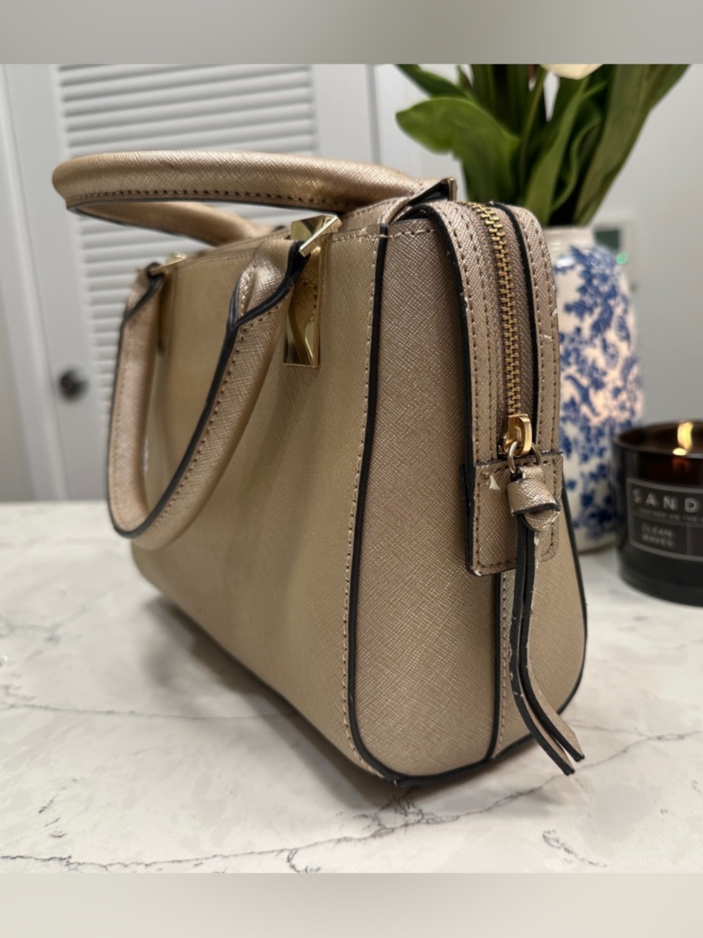 Karl Lagerfeld Paris Structured Satchel – Taupe with Gold Hardware - Picture 2 of 13
